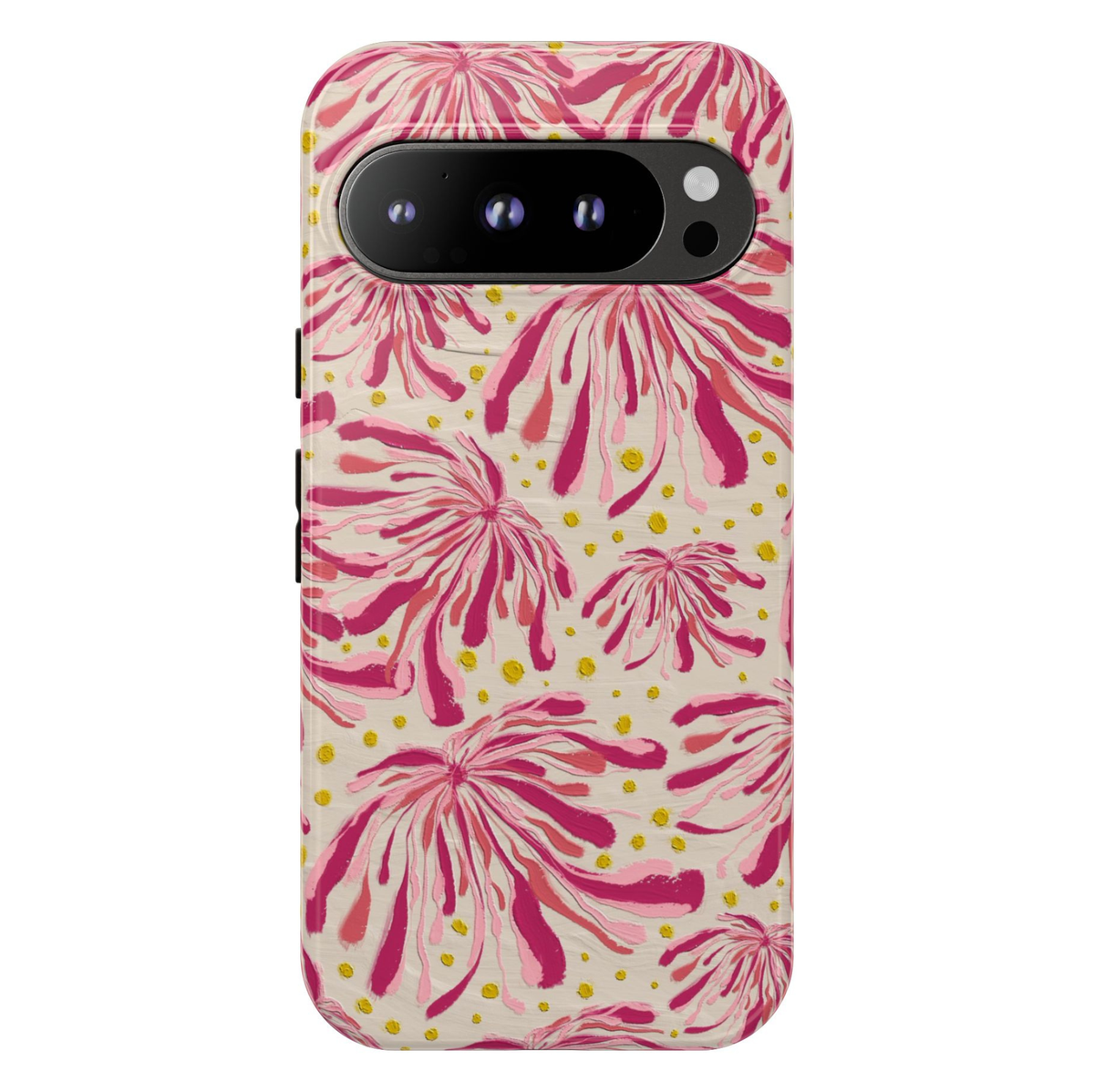 Pink Soirée Google Pixel 10 Pro protective phone case featuring hand-painted pink floral bursts with gold accents on a soft blush background.