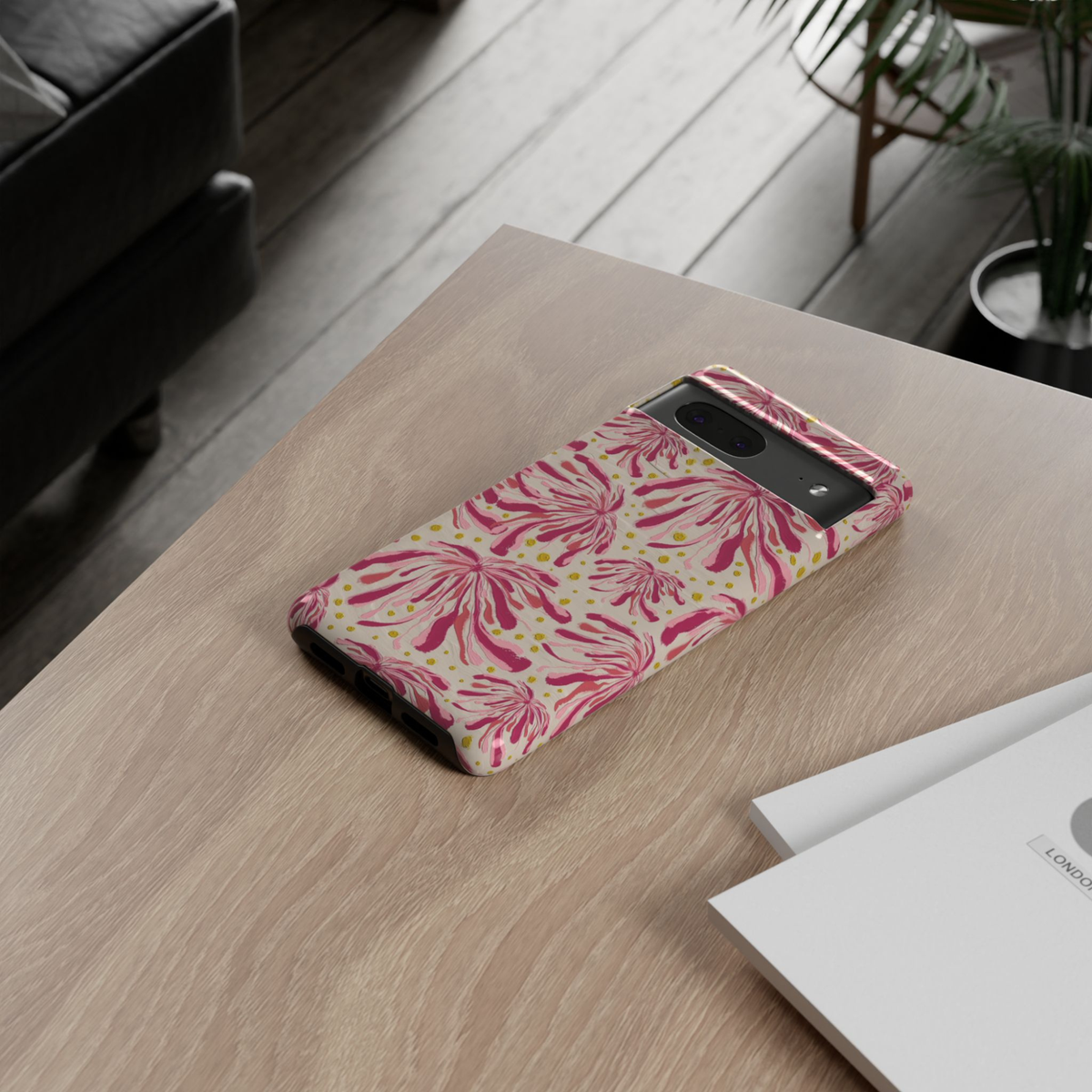 Pink Soirée Google Pixel 10 Pro protective phone case featuring hand-painted pink floral bursts with gold accents on a soft blush background.