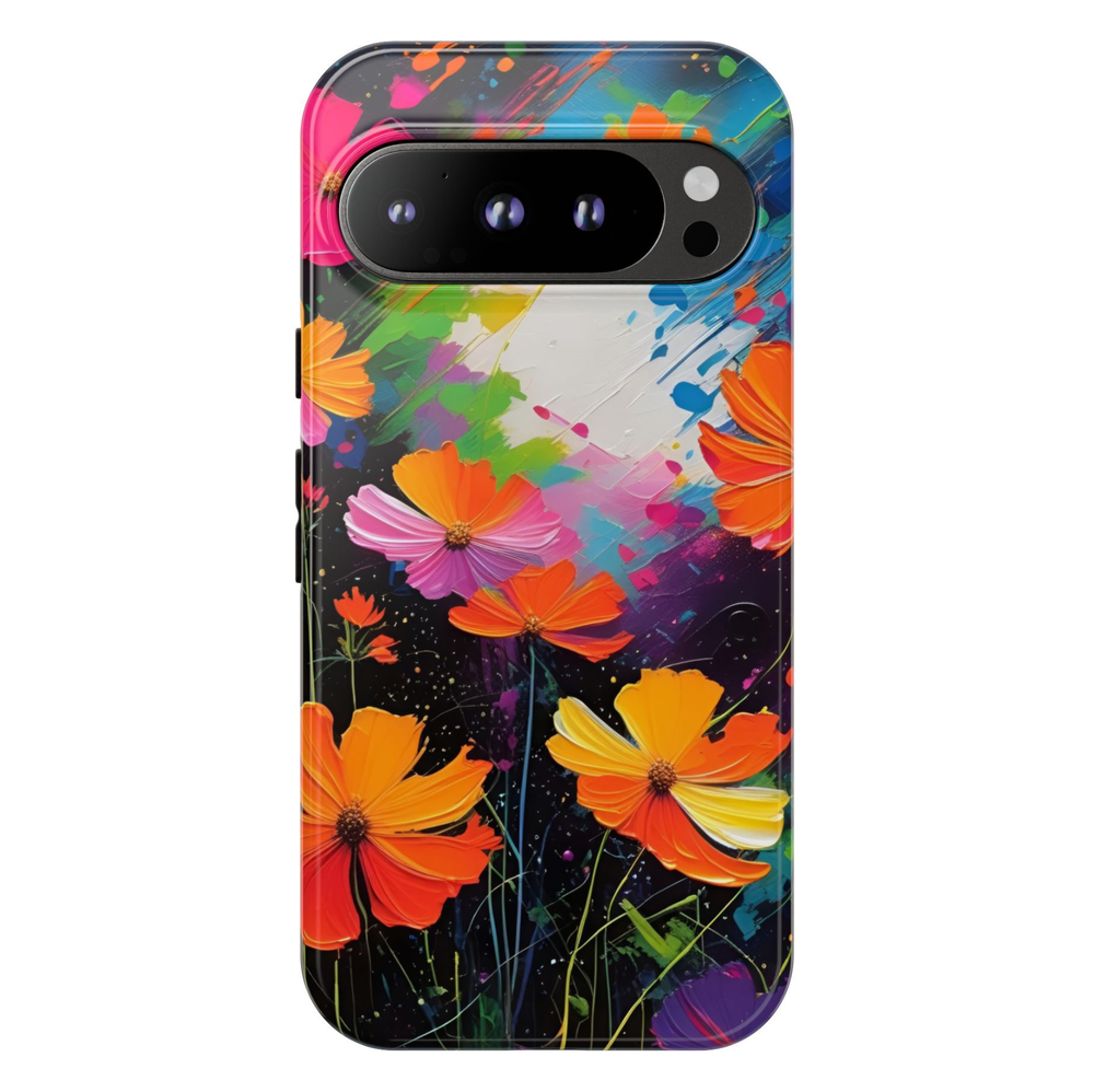 Neon Botanica Google Pixel 10 Pro protective phone case featuring vibrant orange and pink cosmos flowers on a colorful abstract black background with expressive paint splashes.