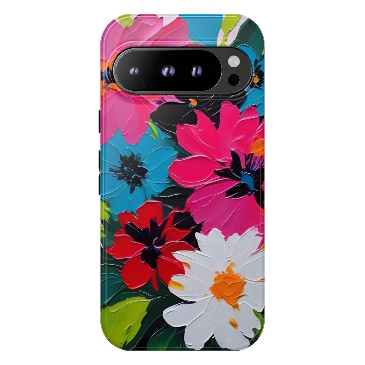 Velvet Bloom Google Pixel 10 Pro protective phone case featuring vibrant hand-painted flowers in pink, blue, red, white, and green on a dramatic dark background.