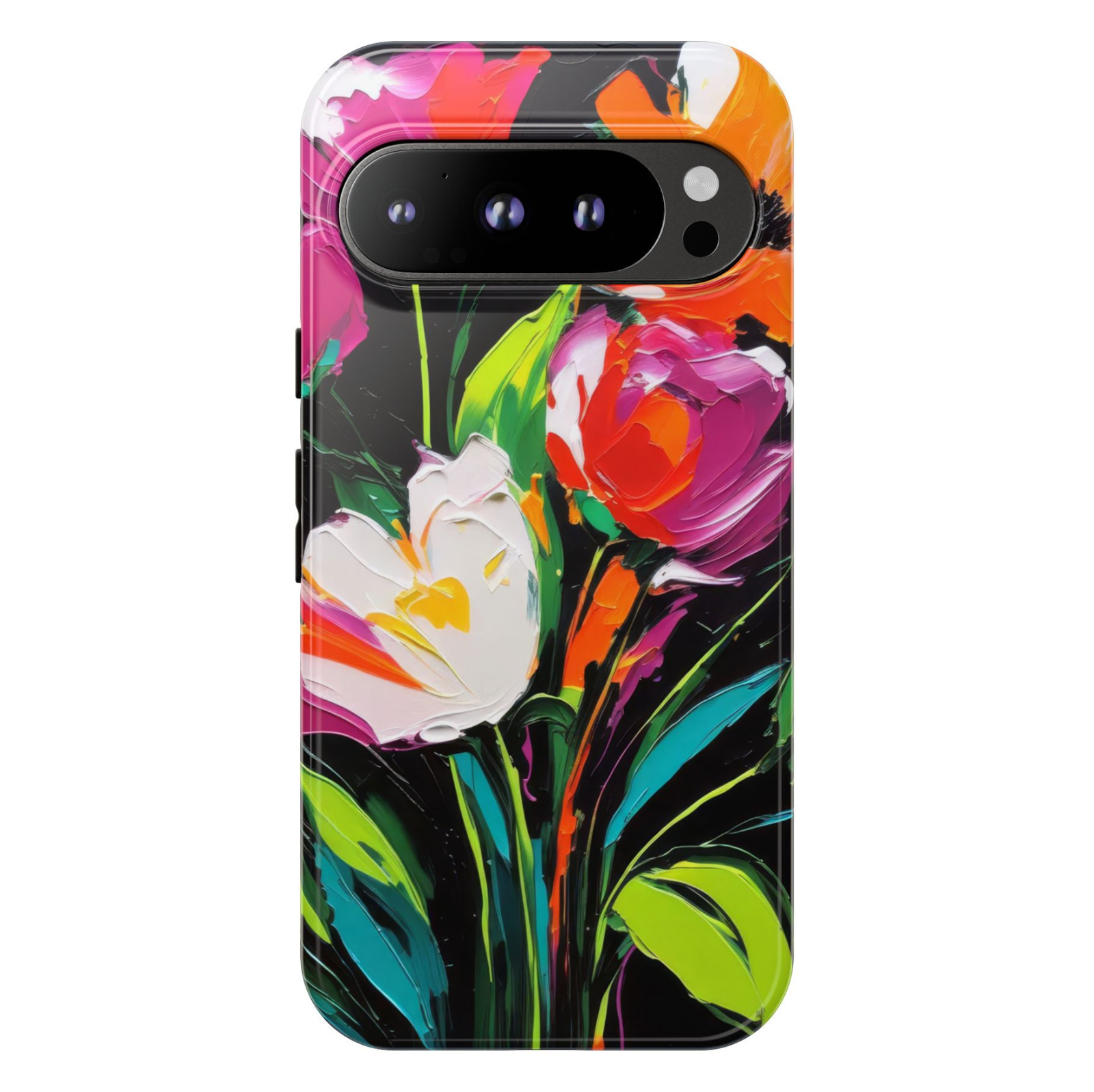 Midnight Bouquet Google Pixel 10 Pro protective phone case featuring colorful hand-painted tulips in pink, white, orange, and green on a black background.
