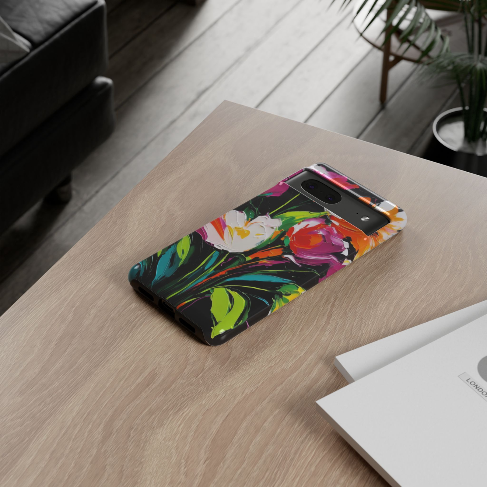 Midnight Bouquet Google Pixel 10 Pro protective phone case featuring colorful hand-painted tulips in pink, white, orange, and green on a black background.
