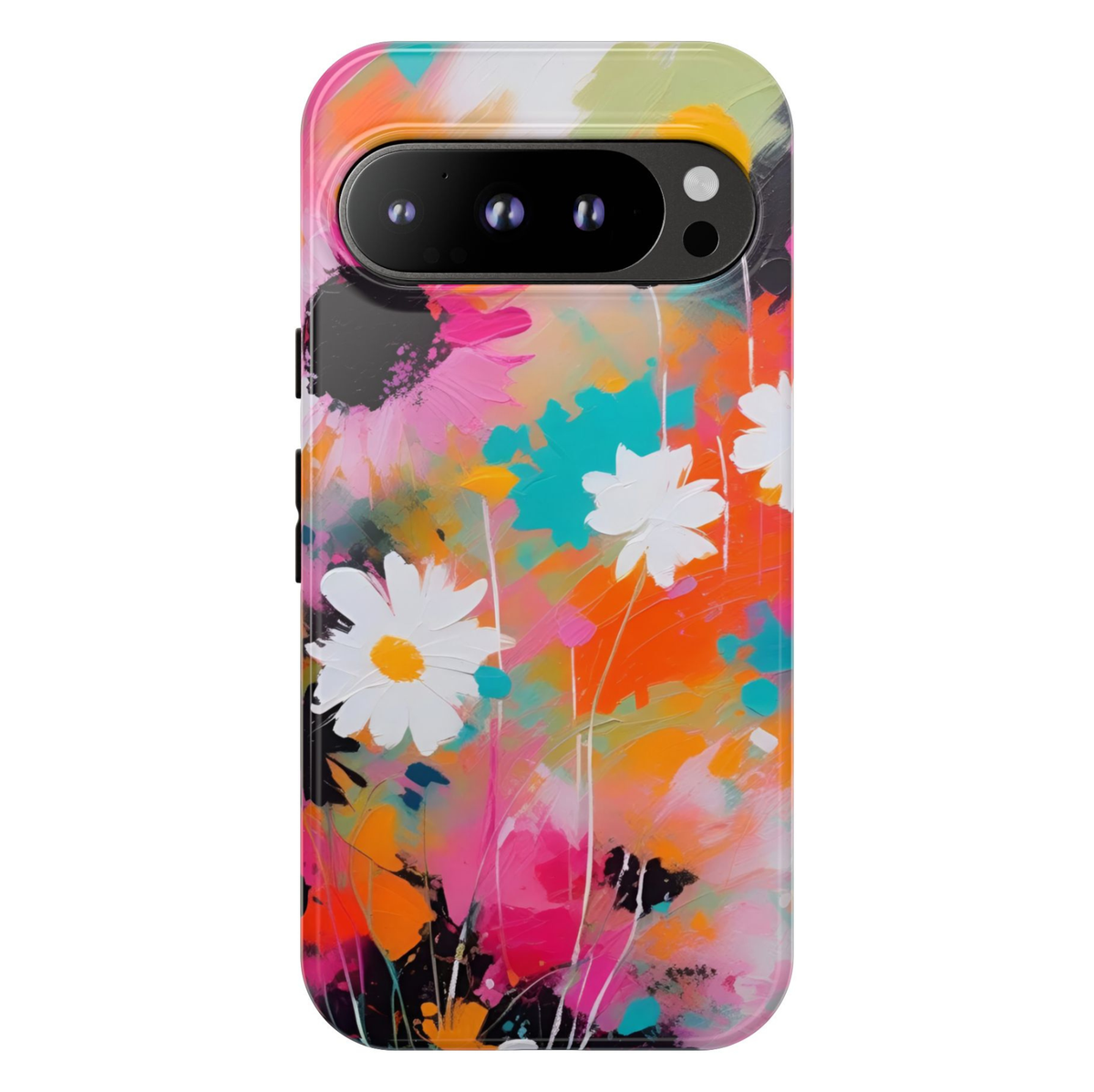 Daydream Canvas Google Pixel 10 Pro protective phone case featuring white daisies on a colorful abstract painted background with vibrant pink, orange, coral, and teal brushstrokes.
