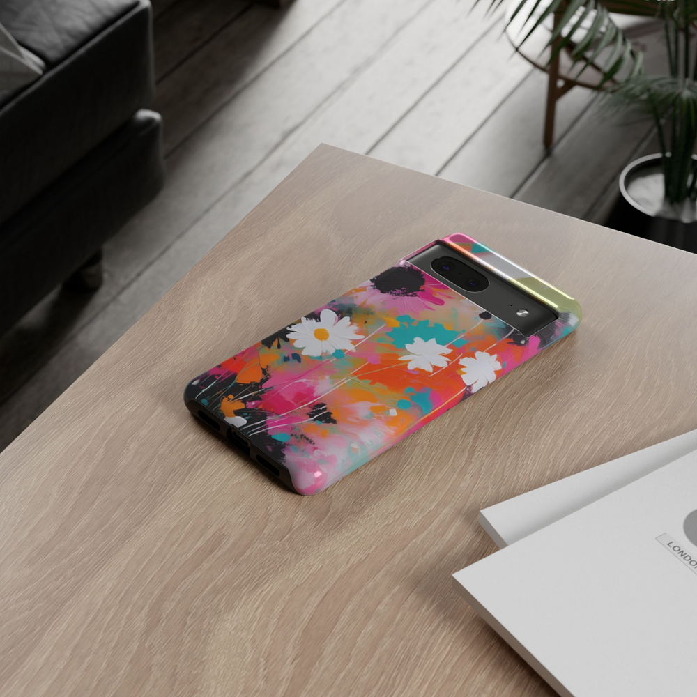 Daydream Canvas Google Pixel 10 Pro protective phone case featuring white daisies on a colorful abstract painted background with vibrant pink, orange, coral, and teal brushstrokes.
