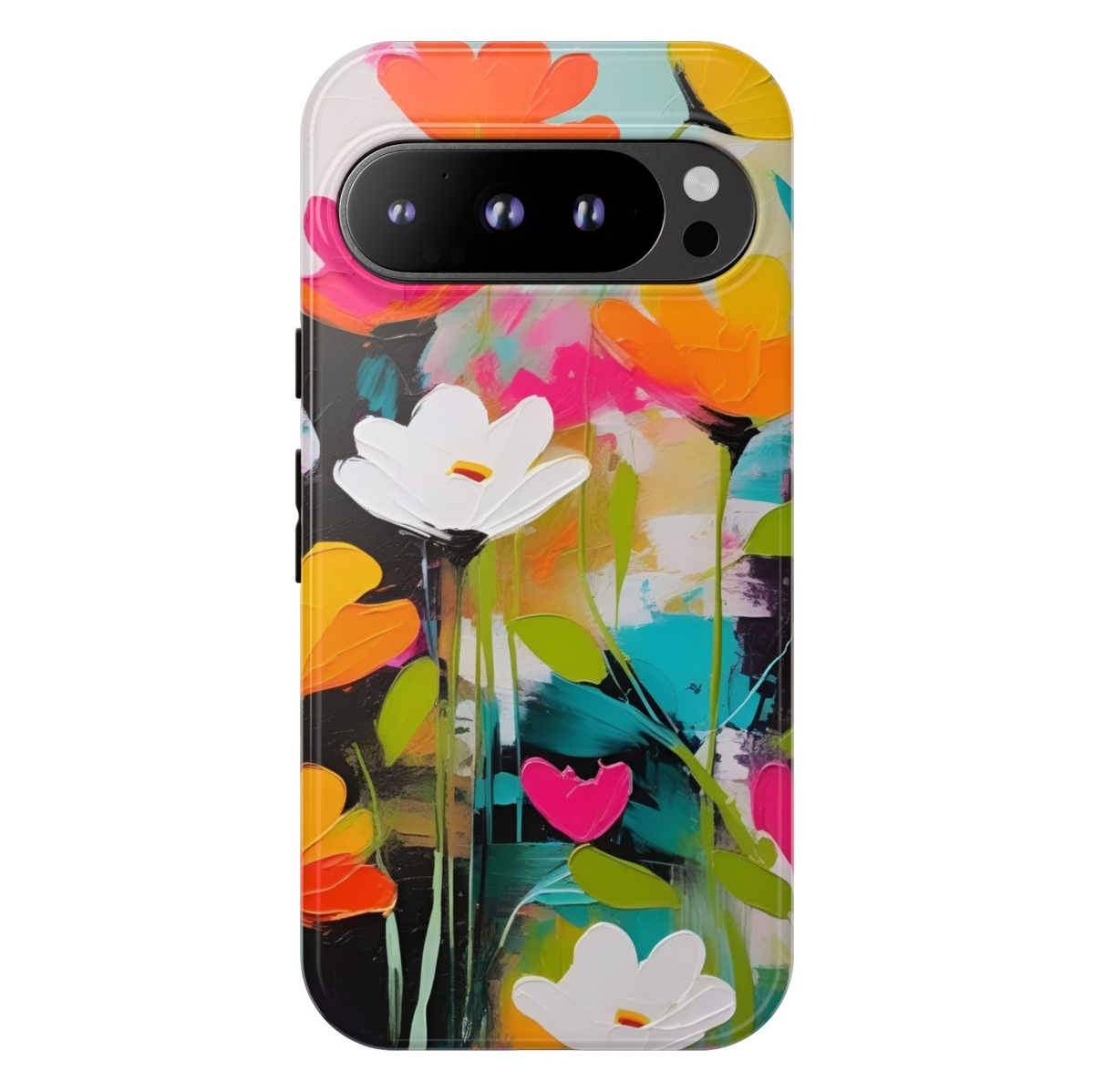 Color Theory Google Pixel 10 Pro protective phone case featuring bold white flowers on a colorful abstract painted background with vibrant pink, teal, orange, and yellow accents.