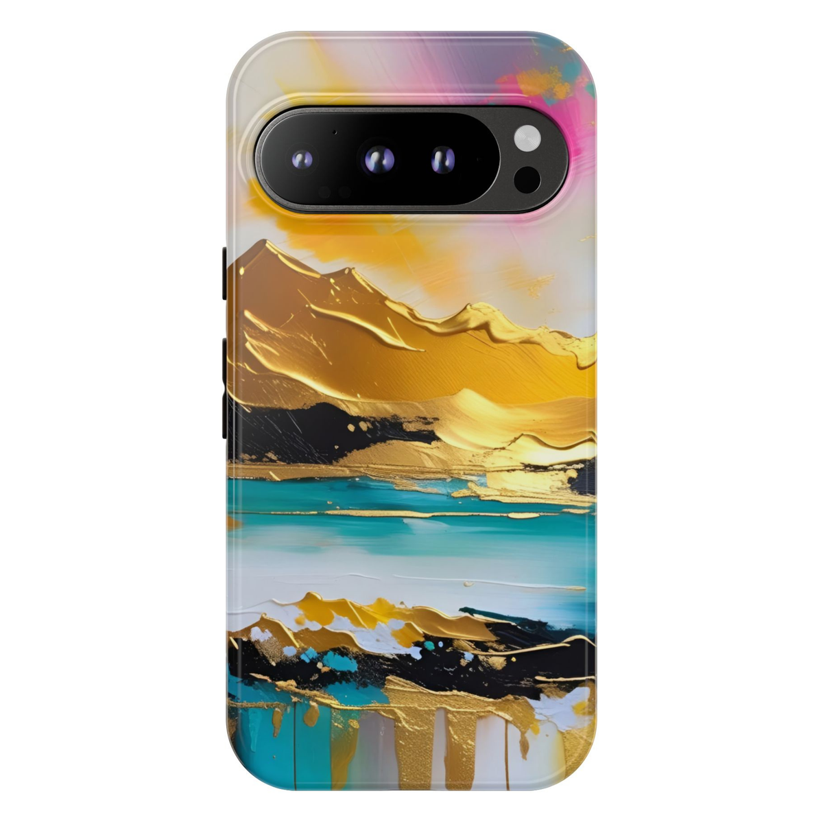 Gilded Horizon Google Pixel 10 Pro protective phone case featuring a modern abstract coastal landscape with gold mountains, turquoise water, and soft pink sunset accents.
