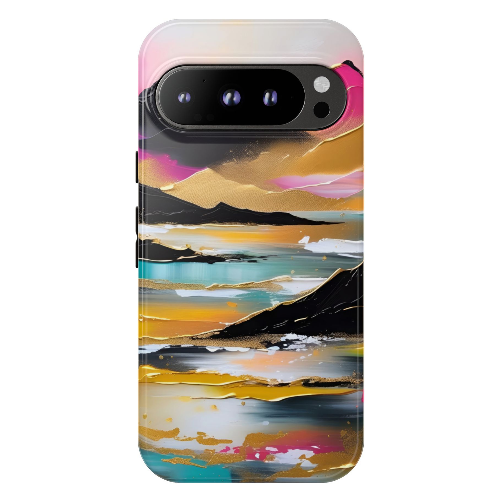 Golden Mirage Google Pixel 10 Pro protective phone case featuring an abstract coastal landscape with gold accents, turquoise water, black mountains, and a colorful sunset sky.