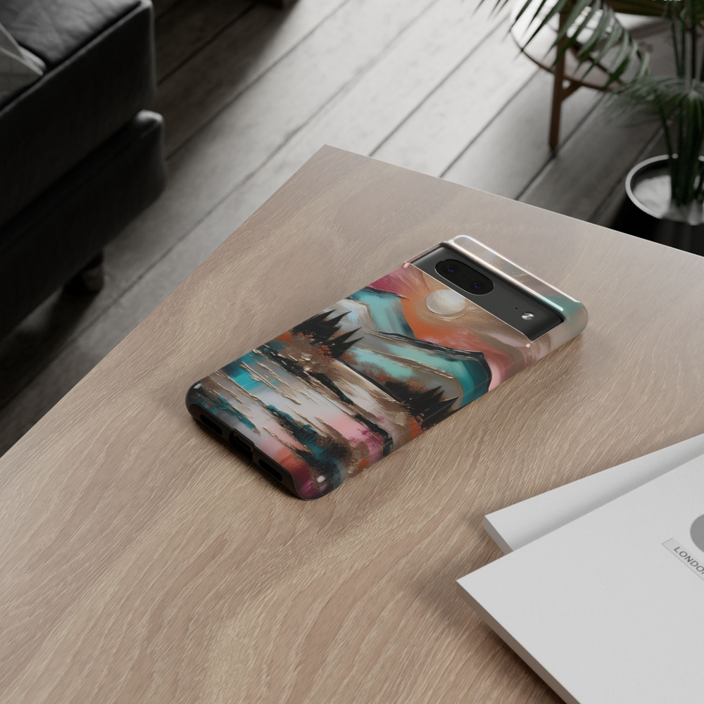 Alpine Mirage Google Pixel 10 Pro protective phone case featuring an abstract mountain landscape with turquoise peaks, reflective water, and a warm sunset sky.