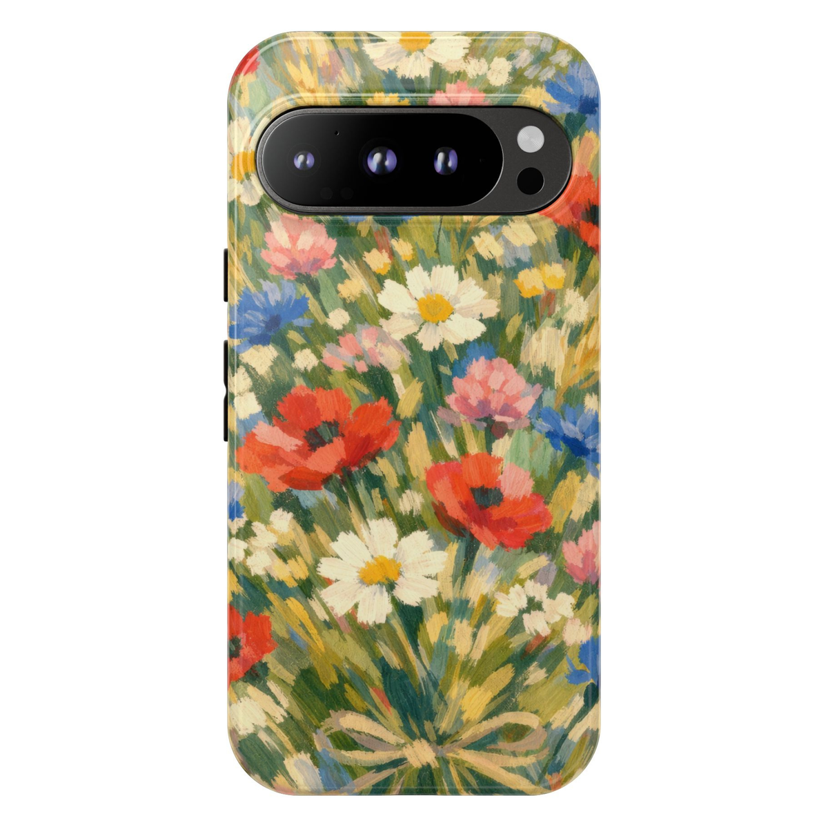 Wildflower Symphony Google Pixel 10 Pro protective phone case featuring an impressionist oil painting of colorful wildflowers including daisies and poppies.