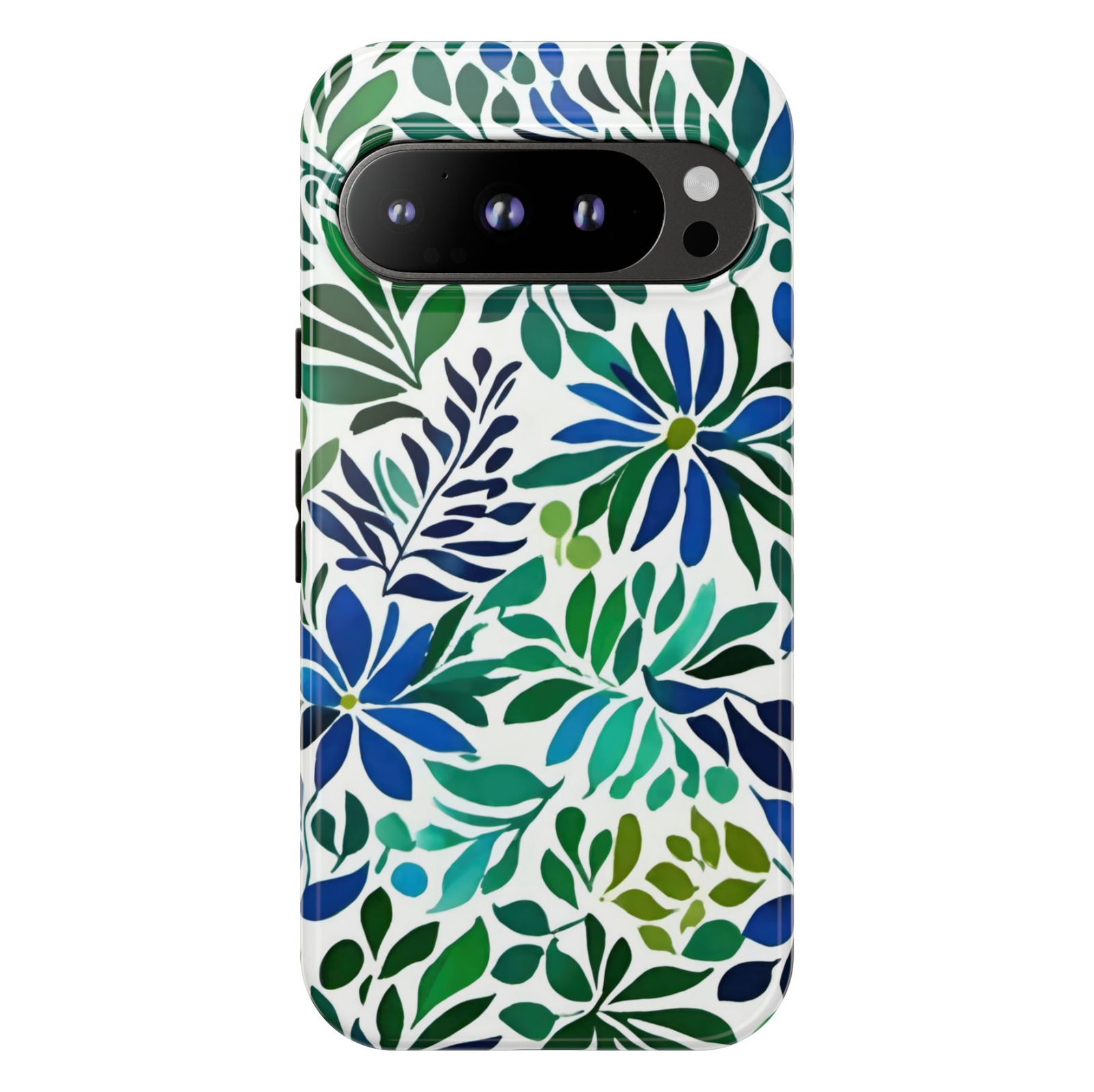 Emerald Coast Google Pixel 10 Pro protective phone case featuring blue and green botanical floral artwork on a white background.