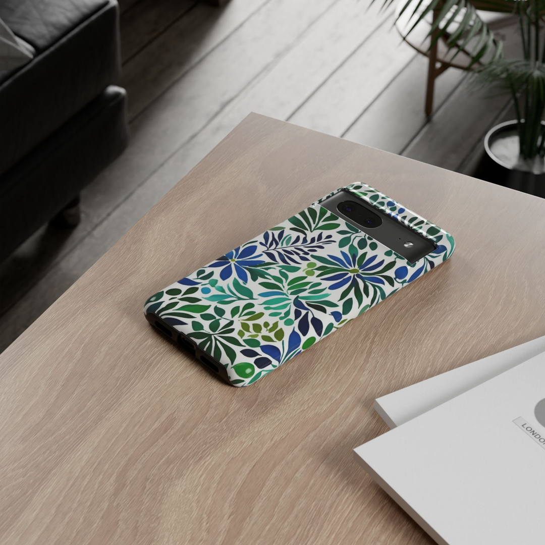 Emerald Coast Google Pixel 10 Pro protective phone case featuring blue and green botanical floral artwork on a white background.