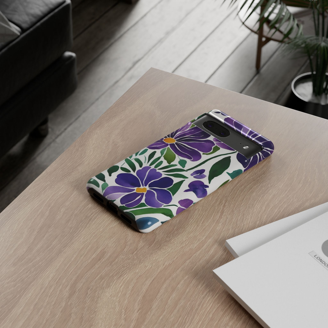 Violet Villa Google Pixel 10 Pro protective phone case featuring hand-painted purple watercolor flowers with green leaves on a white background.