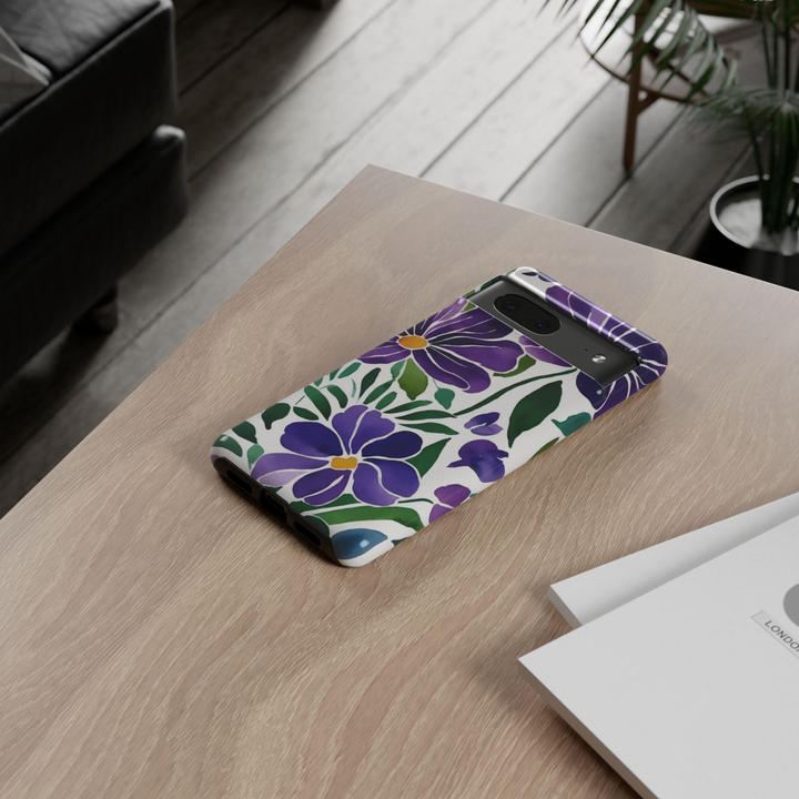 Violet Villa Google Pixel 10 Pro protective phone case featuring hand-painted purple watercolor flowers with green leaves on a white background.