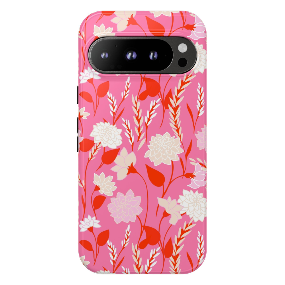Pink Champagne floral Google Pixel 10 Pro protective phone case featuring pink, coral, and ivory botanical flowers on a vibrant pink background.