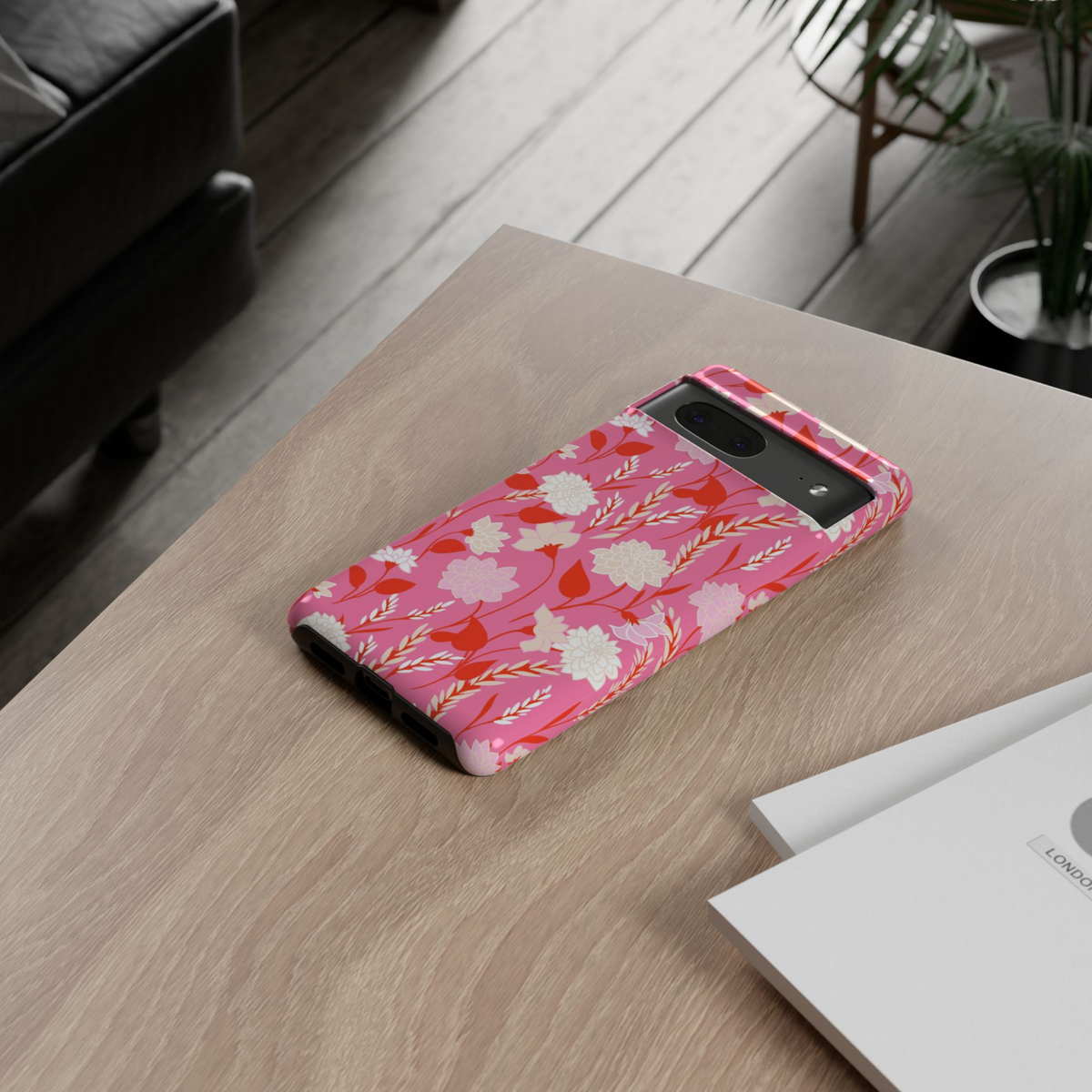 Pink Champagne floral Google Pixel 10 Pro protective phone case featuring pink, coral, and ivory botanical flowers on a vibrant pink background.