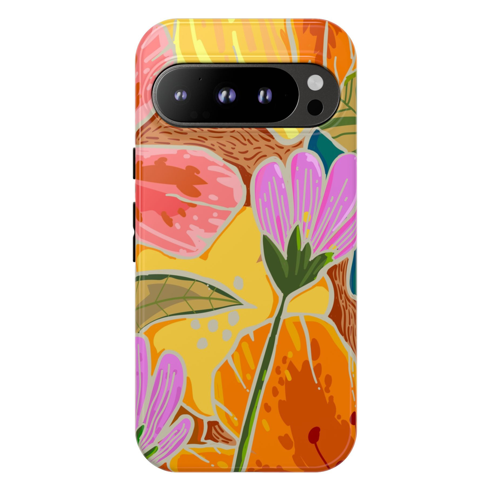 Palm Royale tropical floral Google Pixel 10 Pro protective phone case featuring vibrant botanical artwork in pink, orange, yellow, and purple.