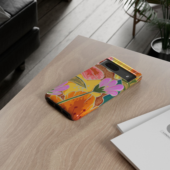 Palm Royale tropical floral Google Pixel 10 Pro protective phone case featuring vibrant botanical artwork in pink, orange, yellow, and purple.