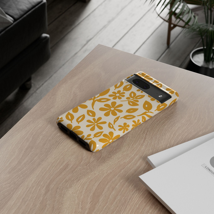 Sunshine State yellow floral Google Pixel 10 Pro protective phone case with retro botanical pattern on a warm ivory background.