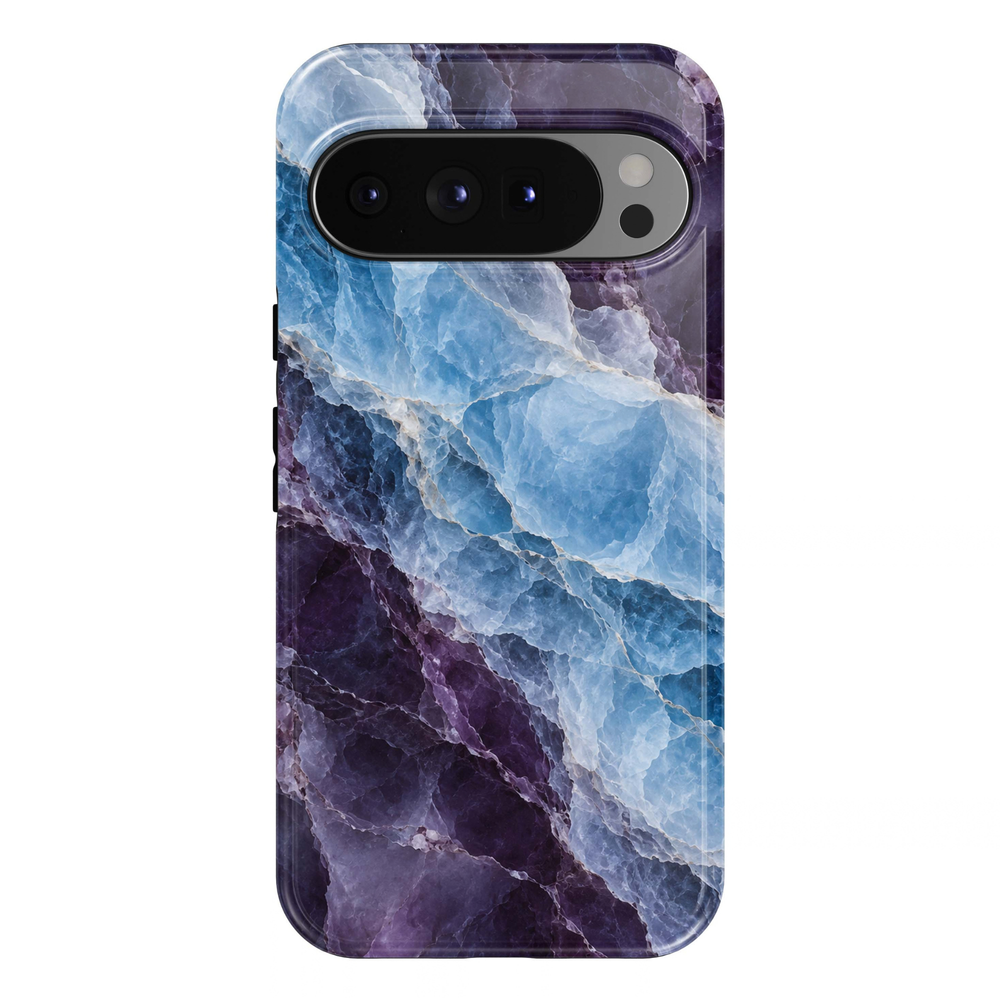 Sapphire Amethyst Google Pixel case featuring icy blue, sapphire and deep purple marble swirls with delicate white mineral-inspired veining and a glossy finish.