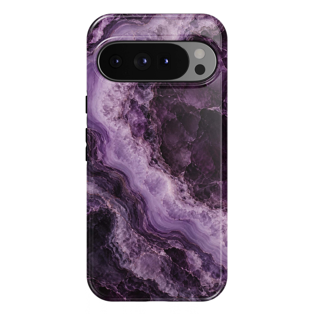 Amethyst Veil Google Pixel phone case featuring deep purple, lavender and violet marble patterns with flowing natural stone-inspired veins and a glossy finish.