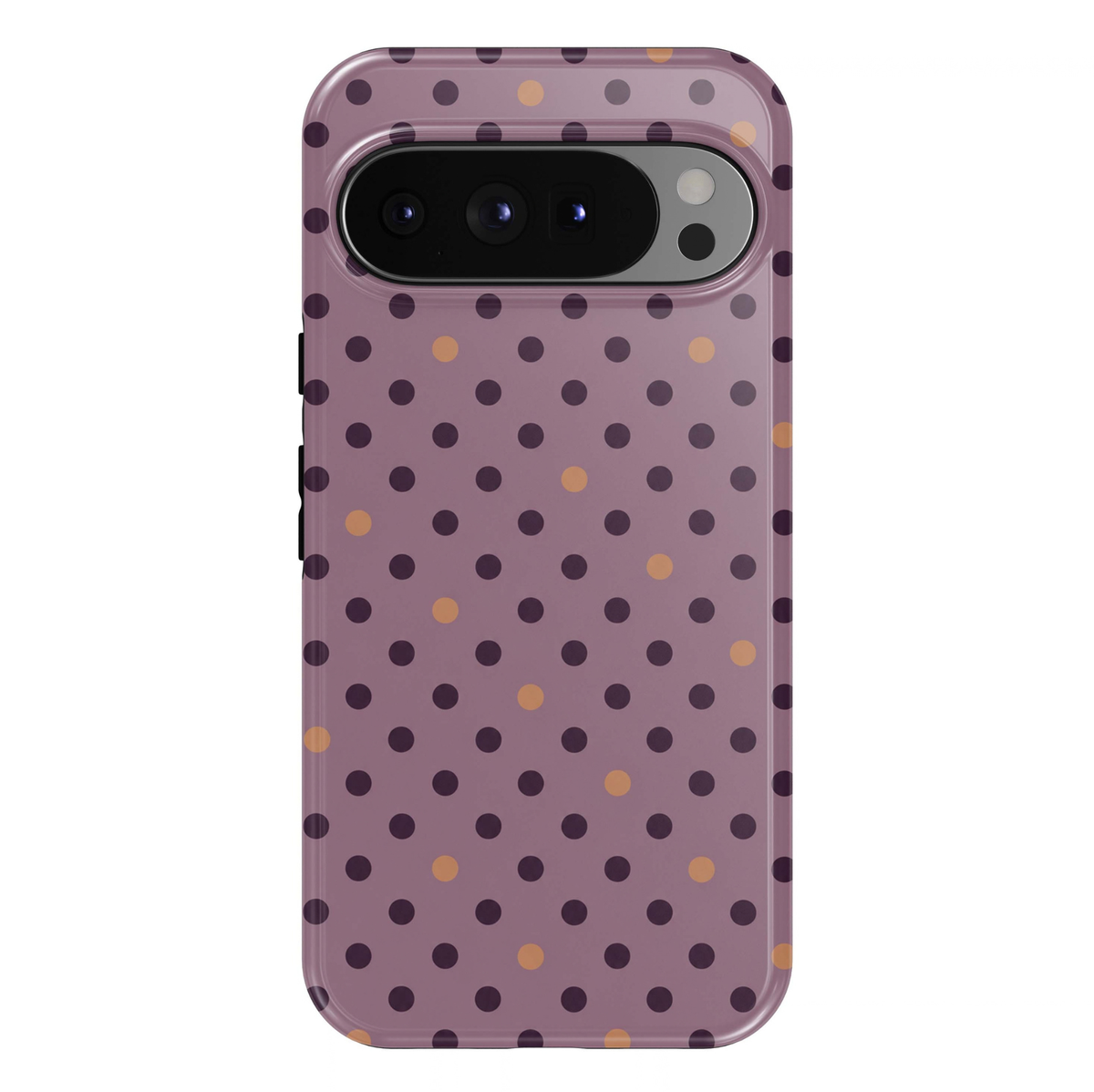 Mauve Confetti Dots Google Pixel case featuring a dusty mauve purple background decorated with evenly spaced dark plum polka dots and scattered warm caramel accents. A playful minimalist dotted design with a glossy finish.