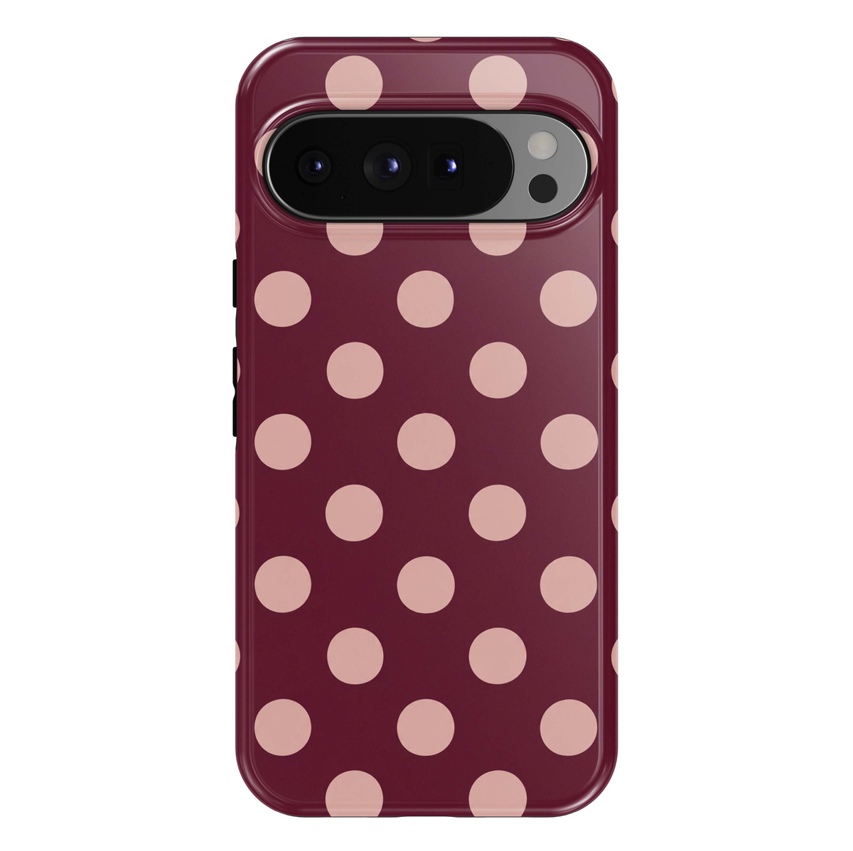 Burgundy Blush Polka Google Pixel case featuring oversized soft blush pink polka dots arranged across a rich burgundy wine-red background. A chic, feminine and timeless retro-inspired design with a glossy finish.