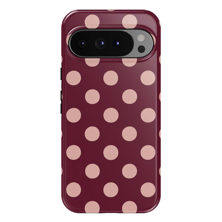 Burgundy Blush Polka Google Pixel case featuring oversized soft blush pink polka dots arranged across a rich burgundy wine-red background. A chic, feminine and timeless retro-inspired design with a glossy finish.