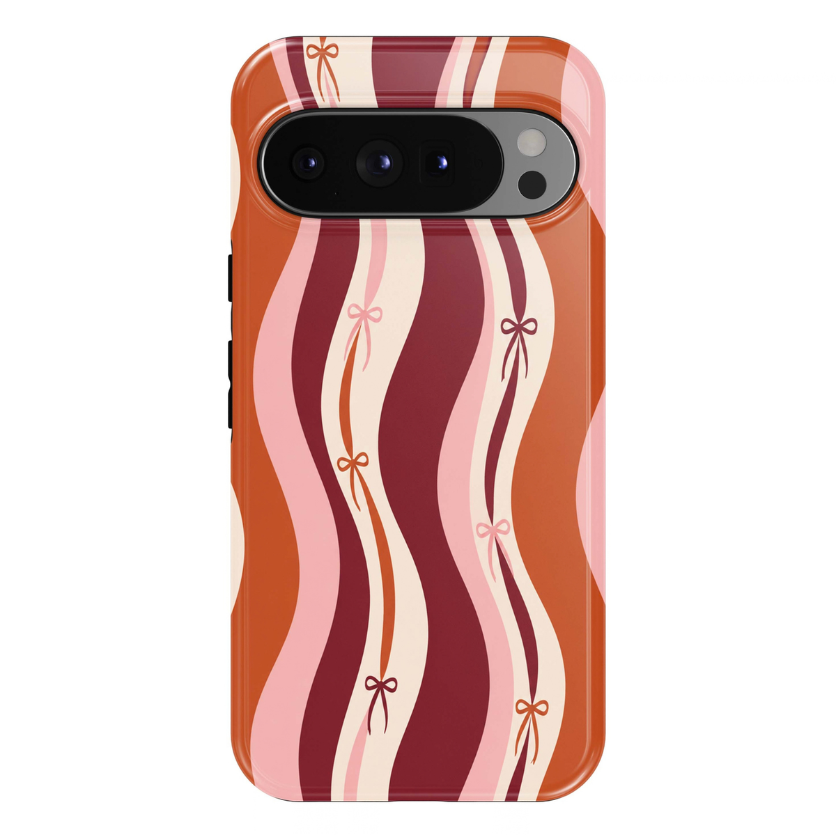 Autumn Ribbon Waves Google Pixel case featuring flowing wavy stripes in burnt orange, burgundy, blush pink and ivory, accented with delicate miniature ribbon bows. A playful retro coquette design with a glossy finish.