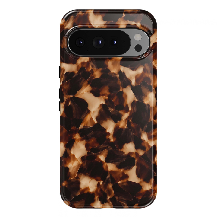 Classic Tortoiseshell Google Pixel case featuring a luxurious amber, caramel, honey and dark chocolate brown tortoise shell pattern with rich translucent-inspired textures and a glossy finish.