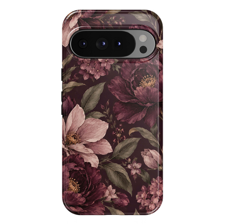 Burgundy Garden Blooms Google Pixel case featuring romantic peonies and delicate blossoms in deep wine-red, dusty mauve, blush pink and plum tones. Soft sage-green foliage, subtle golden flower centers and a rich burgundy background create an elegant, vintage-inspired dark floral design with a glossy finish.