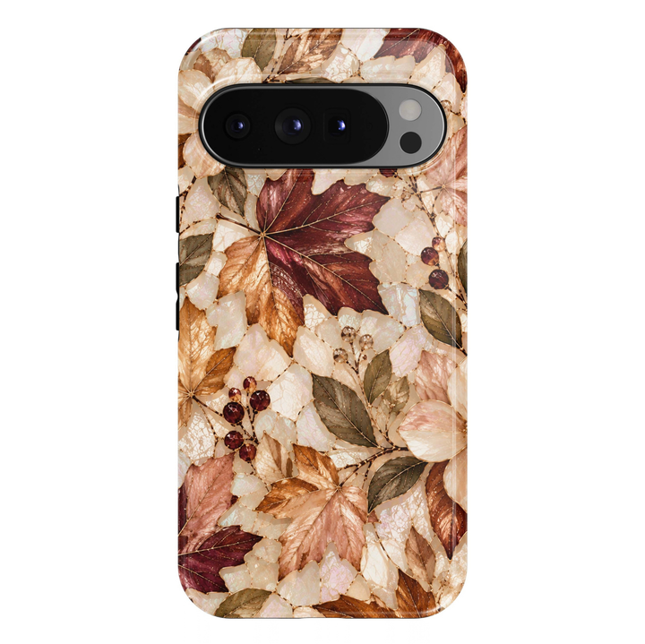 Autumn Opal Maple Google Pixel case featuring elegant maple leaves in rich burgundy, warm copper, champagne gold and soft blush pink. Delicate golden veins, olive-green foliage and clusters of ruby-red berries complement a luminous, iridescent ivory mosaic background, creating a luxurious fall-inspired botanical design with a glossy finish.