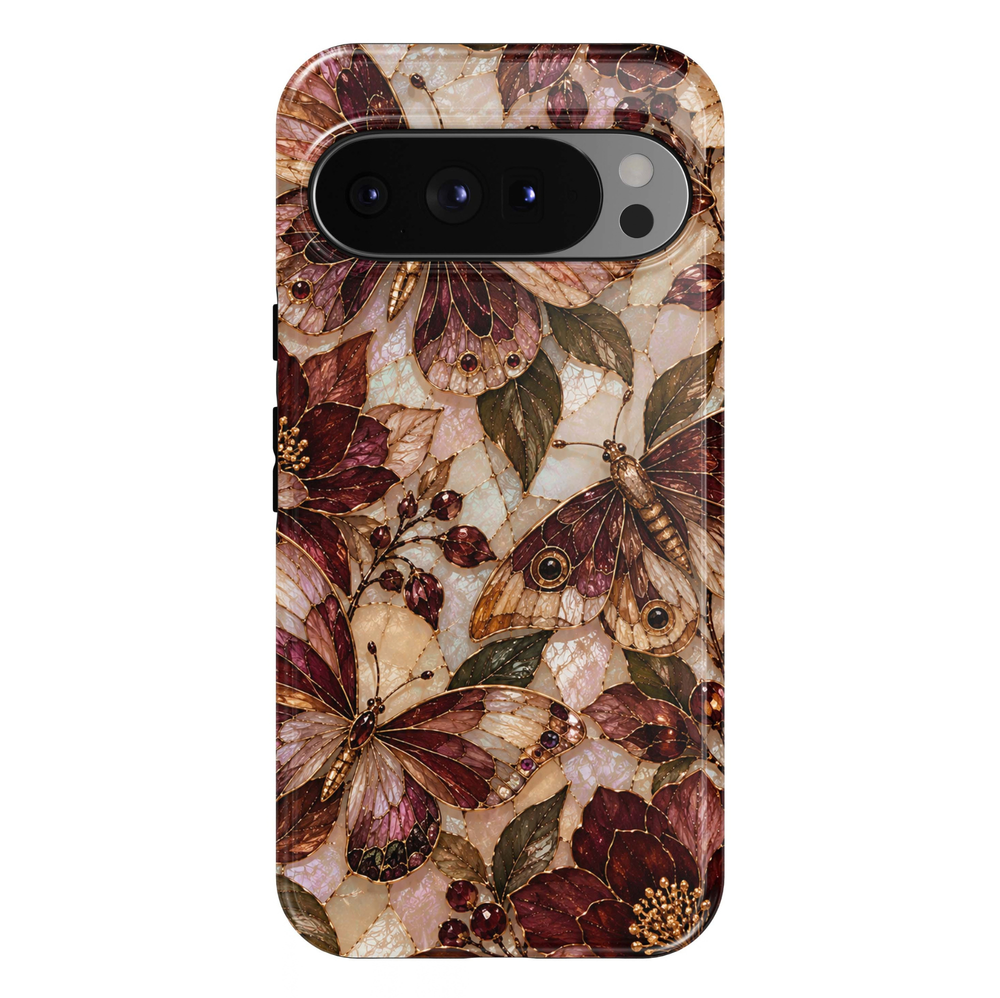 Autumn Opal Moths Google Pixel case featuring elegant moths with iridescent wings in deep burgundy, champagne gold, copper and blush pink. Delicate golden outlines, jewel-inspired wing details, autumn flowers, olive-green leaves and ruby-red berries create a luxurious enchanted woodland design against a pearlescent ivory mosaic background with a glossy finish.