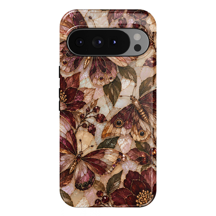 Autumn Opal Moths Google Pixel case featuring elegant moths with iridescent wings in deep burgundy, champagne gold, copper and blush pink. Delicate golden outlines, jewel-inspired wing details, autumn flowers, olive-green leaves and ruby-red berries create a luxurious enchanted woodland design against a pearlescent ivory mosaic background with a glossy finish.