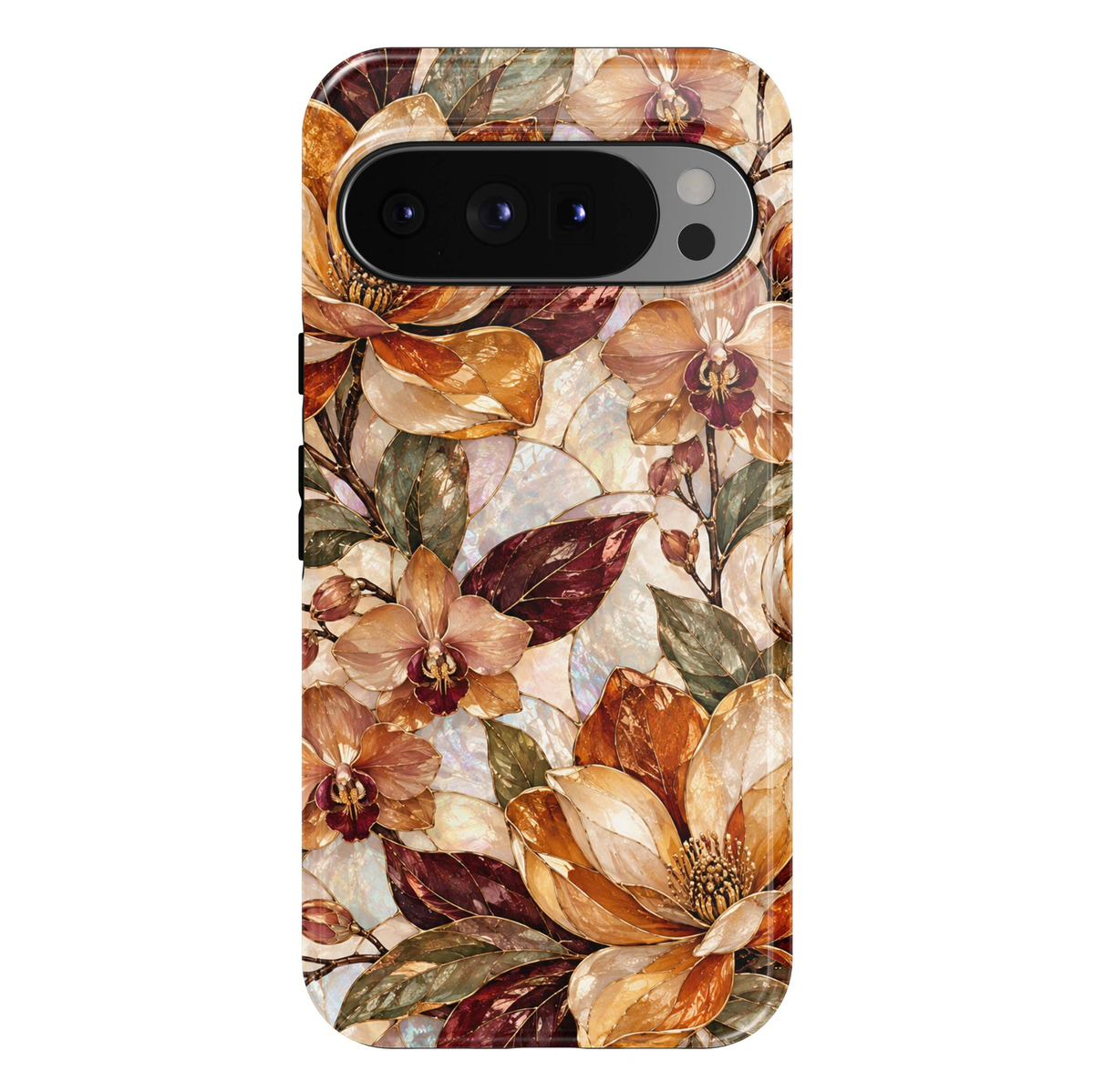 Golden Orchid Bloom Google Pixel case featuring elegant champagne, amber-gold and soft peach orchids with deep burgundy centers, luminous golden magnolia blossoms, olive-green foliage and delicate metallic-gold outlines. Iridescent opal-inspired textures and warm autumn tones create a luxurious botanical design with a glossy finish.