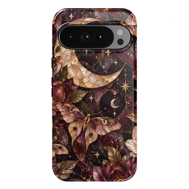 Celestial Moon Moth Google Pixel case featuring an elegant iridescent moth with delicate champagne-gold wings, a luminous crescent moon, sparkling golden stars, celestial ornaments, deep burgundy flowers and antique-gold foliage against a rich plum and midnight-black background. A luxurious mystical botanical design with a glossy finish.