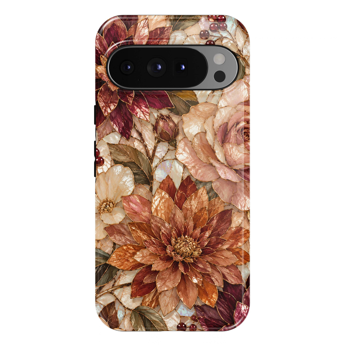 Autumn Opal Blooms Google Pixel case featuring luxurious dahlia blossoms and romantic roses in warm copper, burnt orange, champagne, blush pink and deep burgundy. Iridescent opal-inspired petals, delicate golden outlines, olive-green foliage and clusters of ruby-red berries create an elegant autumn floral design with a glossy finish.