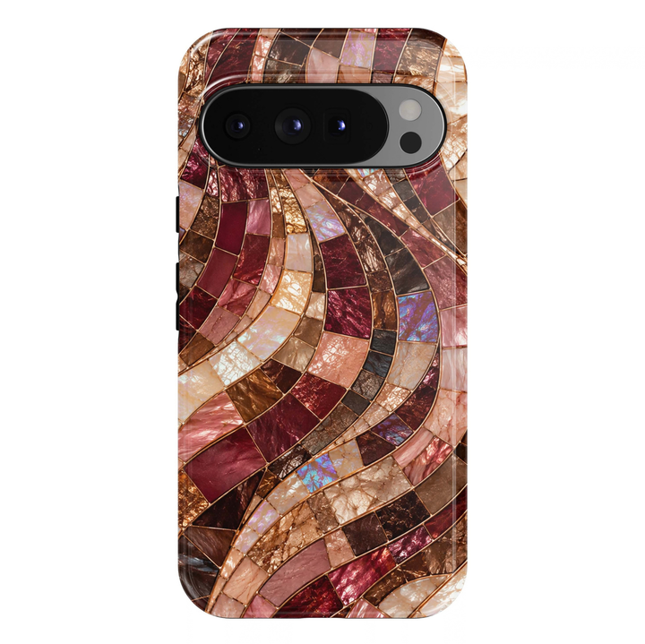 Autumn Mosaic Google Pixel case featuring an elegant stained-glass mosaic pattern with flowing curved tiles in deep burgundy, copper, rose gold, champagne, blush pink and warm bronze. Delicate gold outlines and iridescent opal-inspired accents create a luxurious, artistic design with a glossy finish.