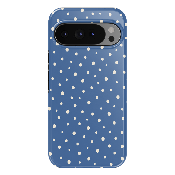 Coastal Blue Polka Dots Google Pixel case featuring a beautiful dusty-blue background with scattered ivory-white polka dots in varying sizes. The playful dotted pattern creates a timeless, feminine and minimalist aesthetic with a chic coastal-inspired style and glossy finish.