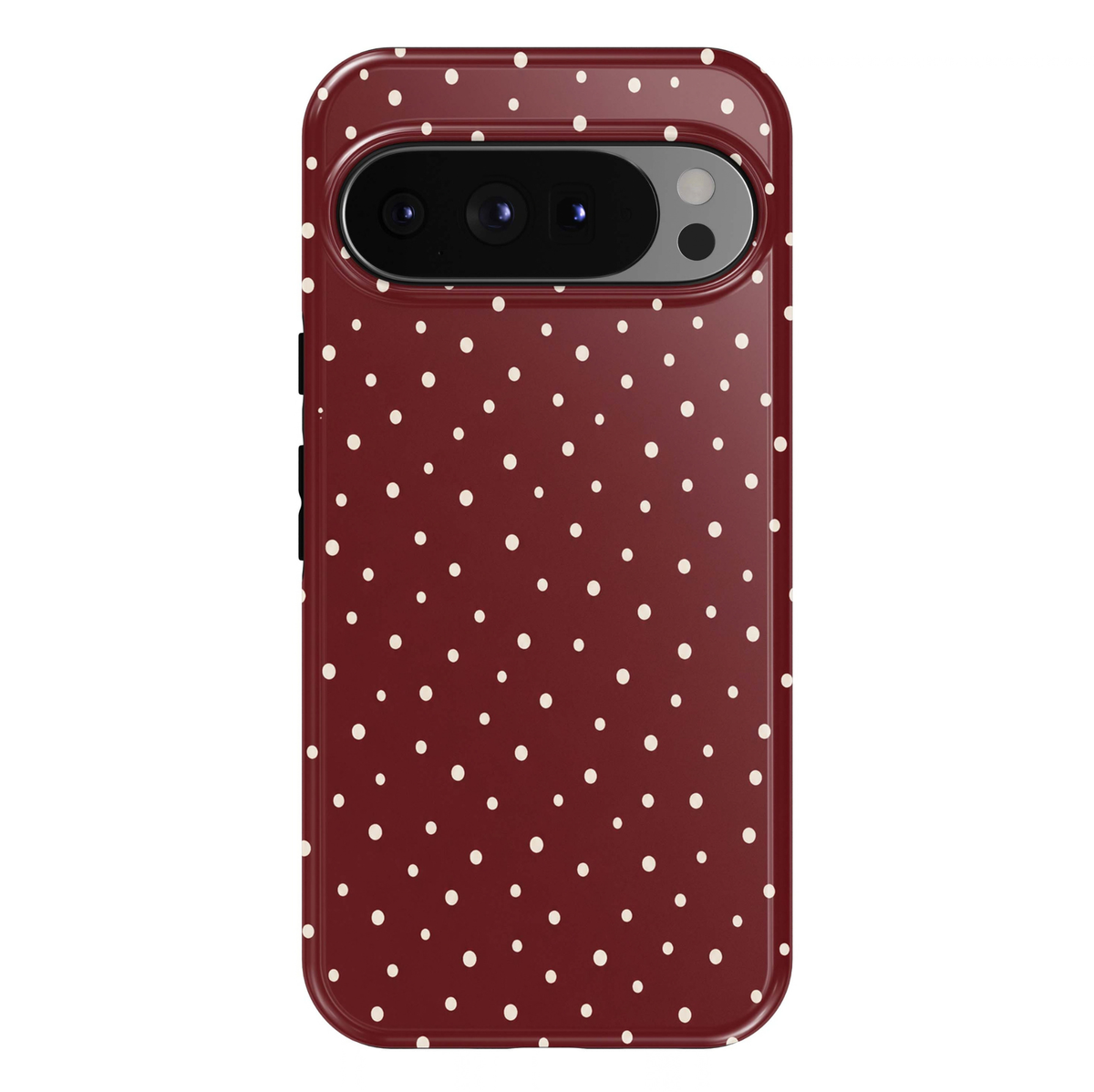 Burgundy Polka Dots Google Pixel case featuring a rich wine-red background with scattered ivory-white polka dots in varying sizes. The playful, minimalist dotted pattern creates a timeless, chic and feminine aesthetic with a glossy finish.