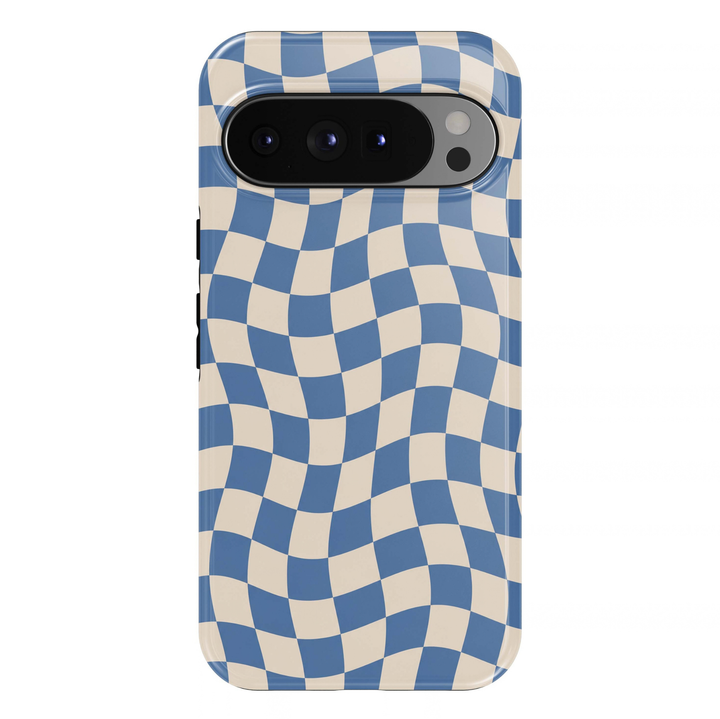 Wavy Blue Checkered Google Pixel case featuring a retro-inspired checkerboard pattern with flowing, curved squares in dusty blue and warm ivory. The playful geometric design creates a trendy, minimalist aesthetic with a glossy finish.