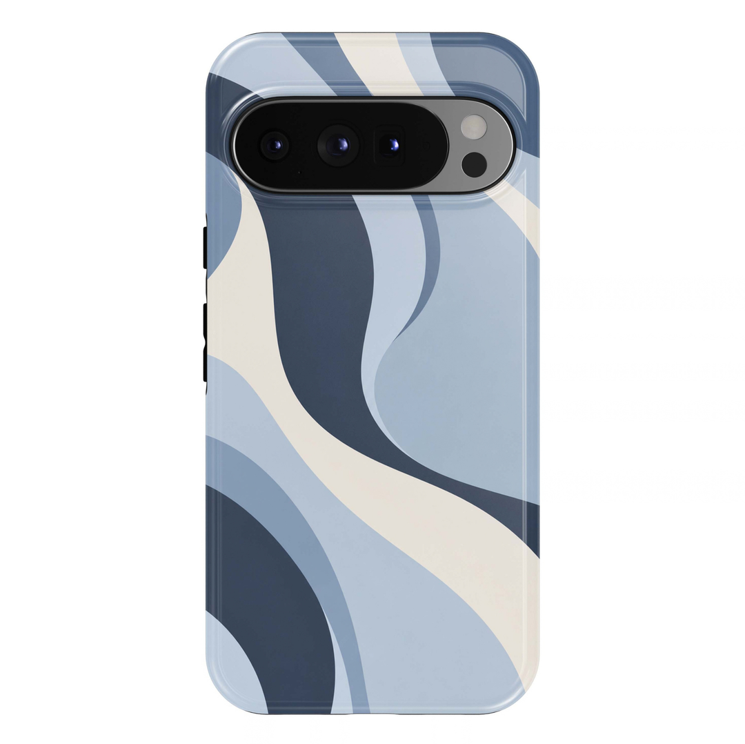 Coastal Blue Waves Google Pixel case featuring flowing abstract wave patterns in soft powder blue, slate blue, deep navy and warm ivory. Smooth, curved lines create a chic retro-inspired design with a minimalist coastal aesthetic and glossy finish.