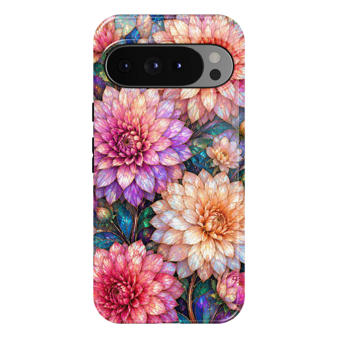 Iridescent Dahlia Google Pixel case featuring oversized pink, lavender, violet and peach dahlia blossoms with luminous opal-inspired petals, delicate champagne-gold outlines, intricate floral centers and vibrant turquoise, teal and emerald-green foliage against a rich jewel-toned botanical background.