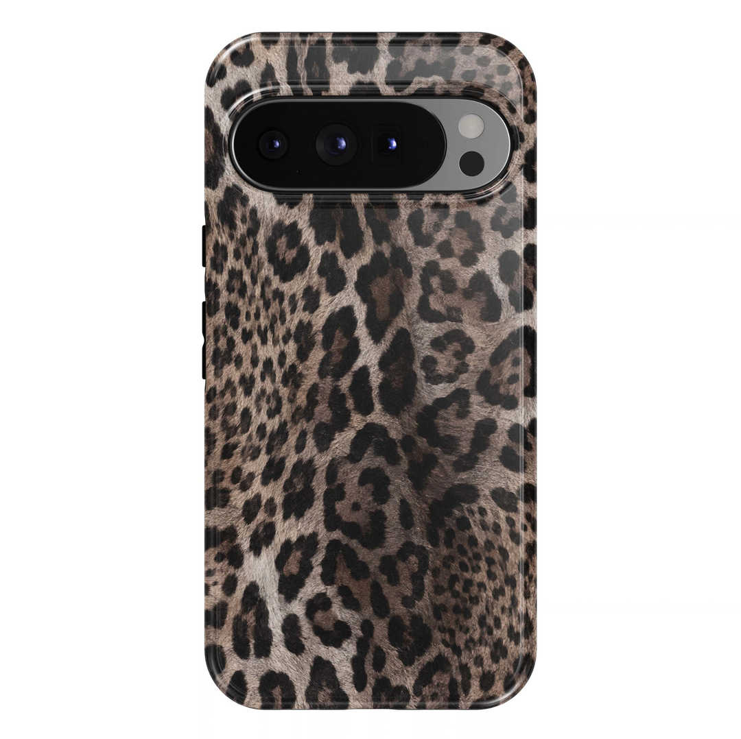 Smoky Leopard Google Pixel case featuring a bold animal print with black and dark charcoal leopard spots, smoky taupe and gray tones, and a realistic faux-fur texture. The chic neutral leopard pattern creates a sophisticated, edgy aesthetic with a glossy finish.
