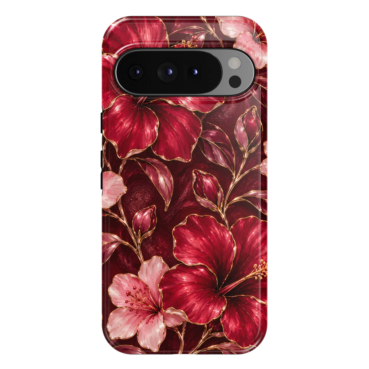 Crimson Hibiscus Google Pixel case featuring oversized deep crimson-red and blush-pink hibiscus blossoms with elegant champagne-gold outlines, delicate golden stamens, burgundy leaves, rosy flower buds and graceful gold botanical branches on a rich ruby-red background.