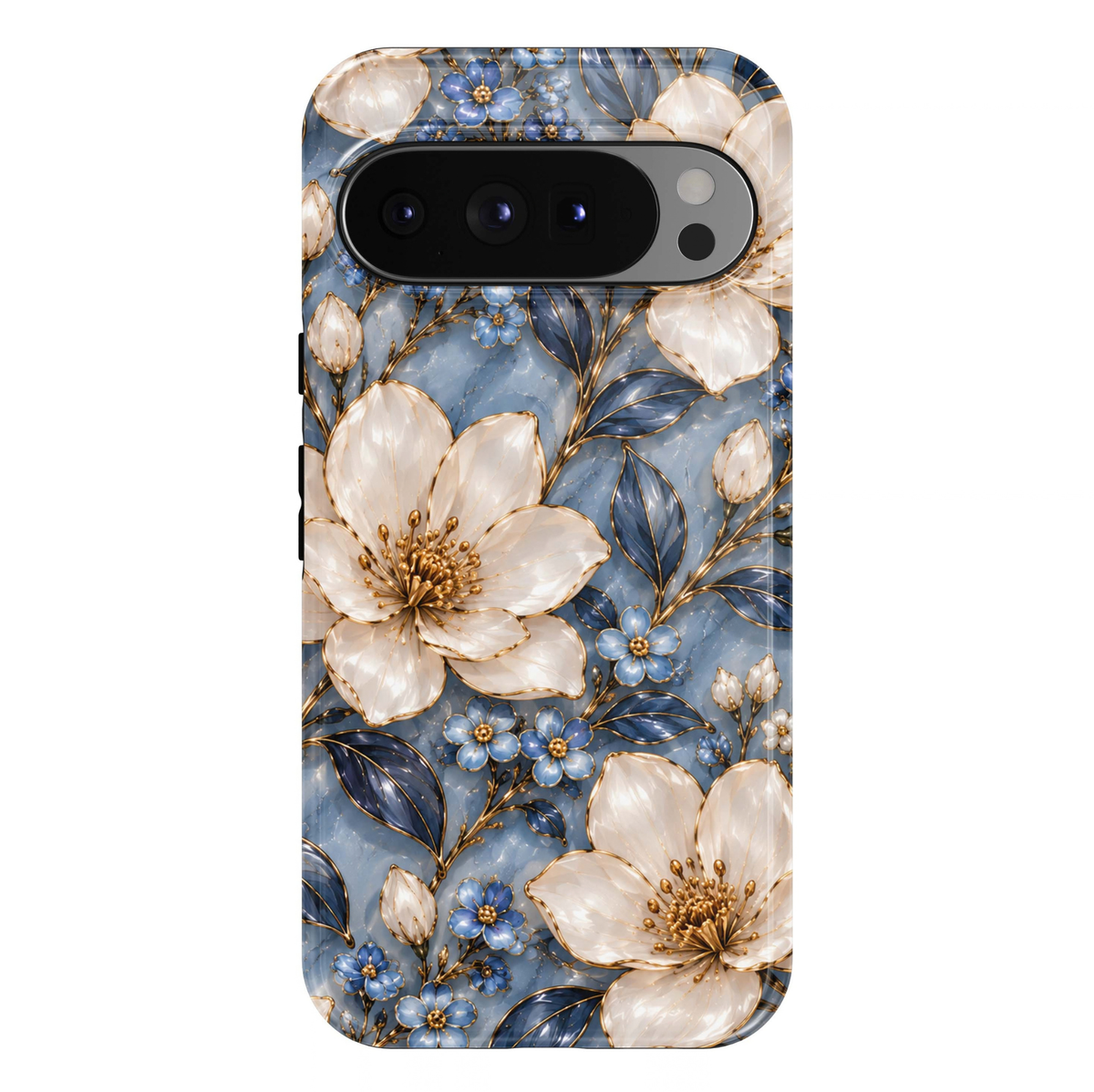 Sapphire Magnolia Google Pixel case featuring oversized ivory-white magnolia blossoms with luminous pearl-like petals, champagne-gold outlines, golden floral centers, delicate sapphire-blue flowers, navy-blue foliage and elegant gold botanical branches on a soft marbled powder-blue background.