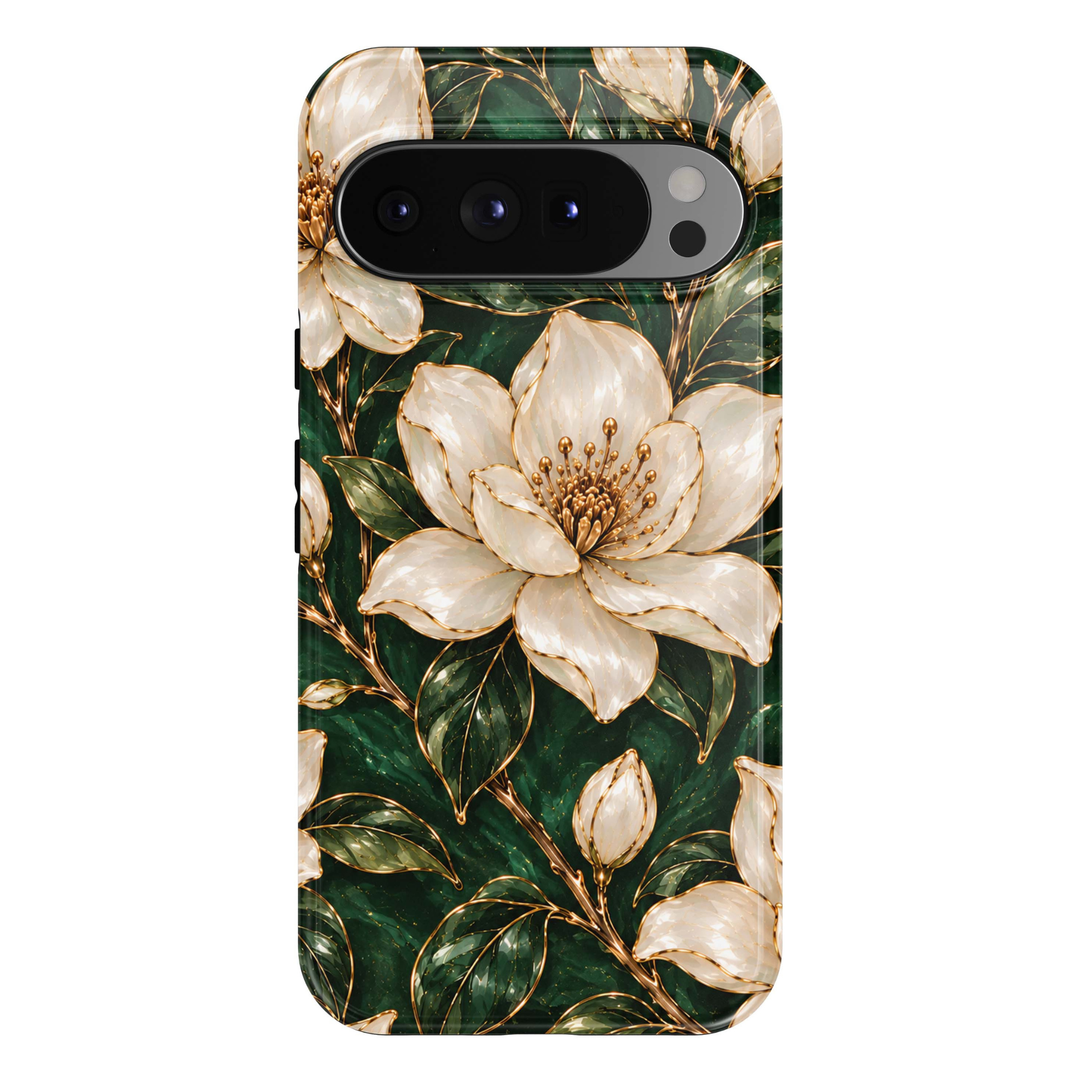 Emerald Magnolia Google Pixel case featuring oversized ivory-white magnolia blossoms with luminous pearl-like petals, elegant champagne-gold outlines, golden floral centers, delicate flower buds and rich emerald-green foliage against a deep forest-green background.