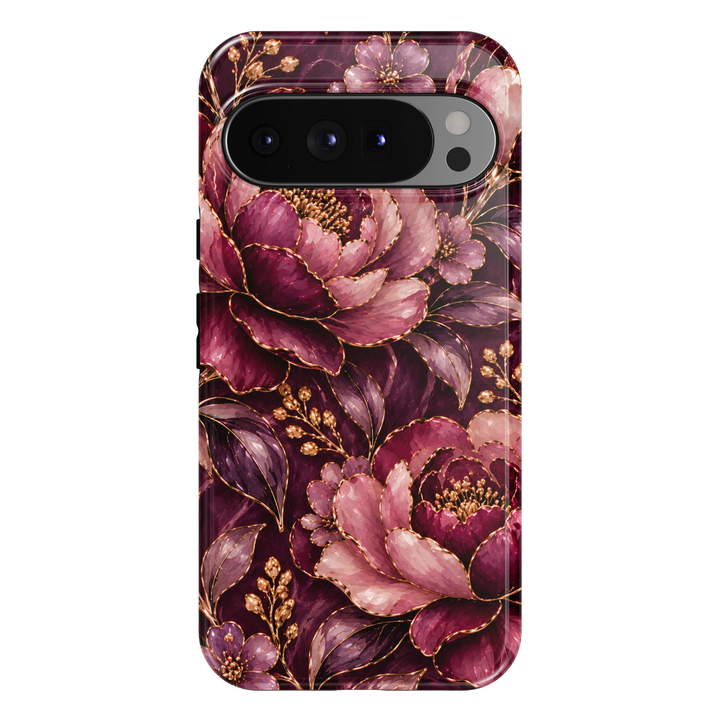 Burgundy Peony Google Pixel case featuring oversized deep burgundy, plum-purple and blush-pink peony blossoms with shimmering champagne-gold outlines, golden floral centers, delicate lavender flowers, purple foliage and ornamental gold berry branches on a rich wine-colored background.