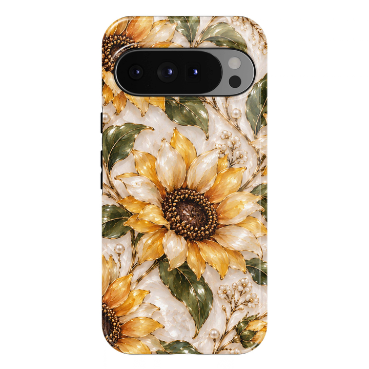 Golden Sunflower Google Pixel case featuring oversized golden-yellow and ivory sunflower blossoms with rich bronze centers, emerald-green leaves, delicate champagne-gold outlines, pearl accents and tiny white flowers on a luminous pearl-cream background.