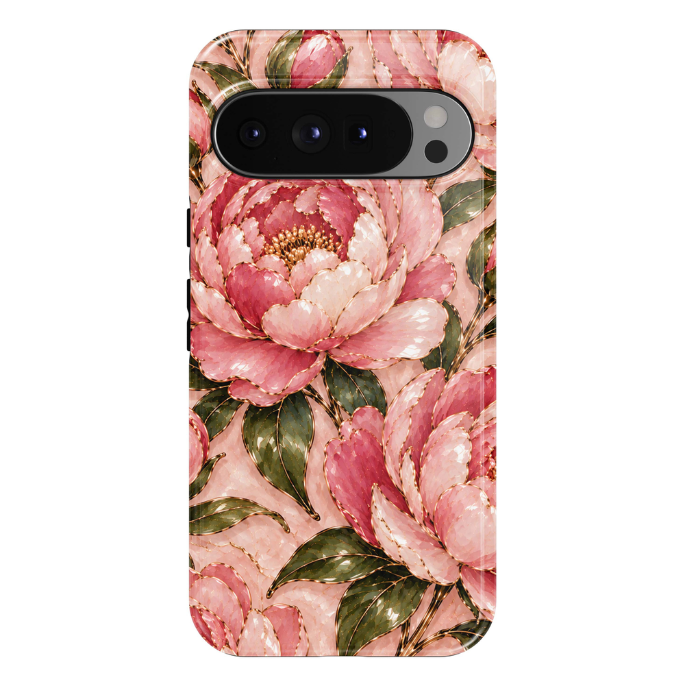 Blushing Peony Google Pixel case featuring oversized blush-pink and rose peony blossoms with delicate champagne-gold outlines, golden floral centers, deep sage-green leaves and a soft pearl-pink background.