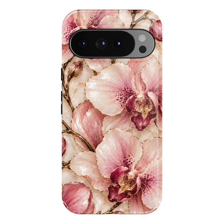 Blushing Orchid Google Pixel case featuring oversized blush-pink and ivory orchid blossoms with deep burgundy centers, delicate gold outlines, pink orchid buds and elegant golden botanical stems on a luminous pearl-cream background.
